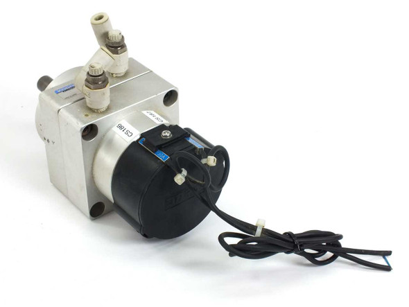 Koganei RANS50-190 rotary vane actuator — rear-left view showing sensor switch housing, lead wires, and push-to-connect air fittings on top