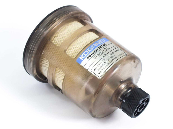 Koganei EF300-02 Exhaust Filter – side view showing label, translucent body, and 1/4" FNPT port