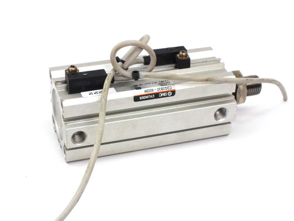 SMC CDQ2B32-60DM-J79L compact pneumatic cylinder – left-side view showing SMC label and port face