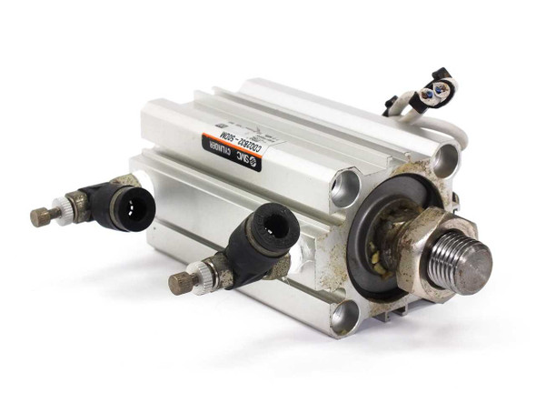 SMC CDQ2B32-50DM-J79L compact pneumatic cylinder — three-quarter front view showing body, rod end, and push-in port fittings