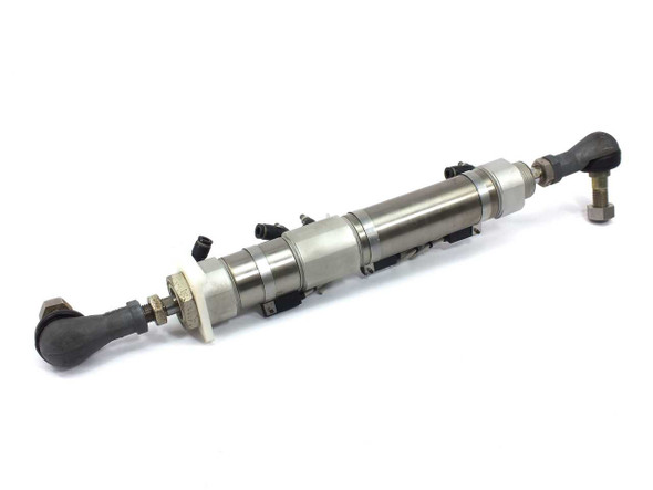 SMC CDM2B40-85 CM2 pneumatic cylinder full assembly showing stainless body and flow control fittings – right side view