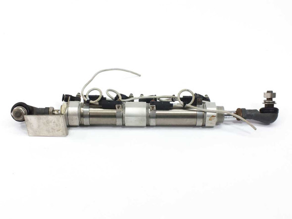 SMC CDM2B32-55 pneumatic cylinder assembly showing full length with rod ends and attached wiring — side profile view