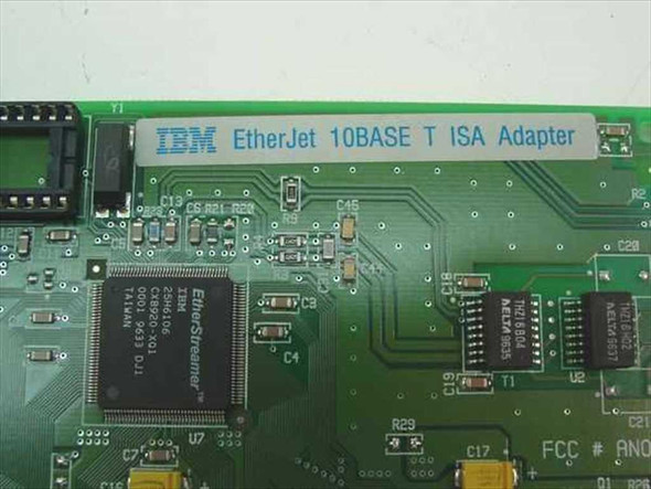 IBM EtherJet 10BASE-T ISA Adapter label close-up showing EtherStreamer controller chip markings and board components
