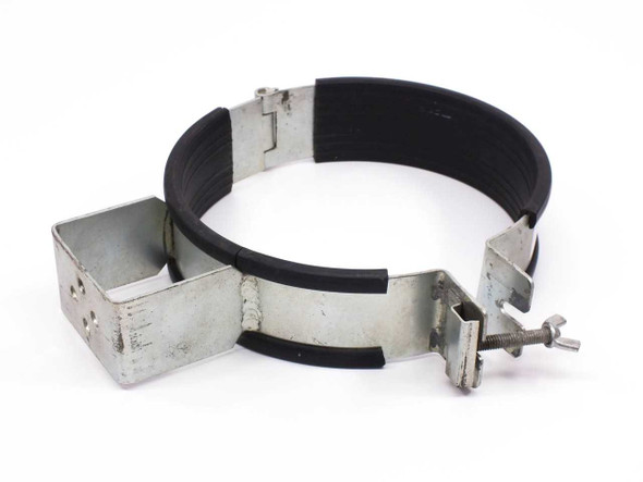 Cherry-Burrell tank bracket clamp – three-quarter view showing rubber-lined band and steel mounting tabs