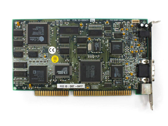 Sigma Designs RealMagic 53-000417 PCB top view showing part number label, CE mark, FCC ID D87-0417, and Texas Instruments DSP chips