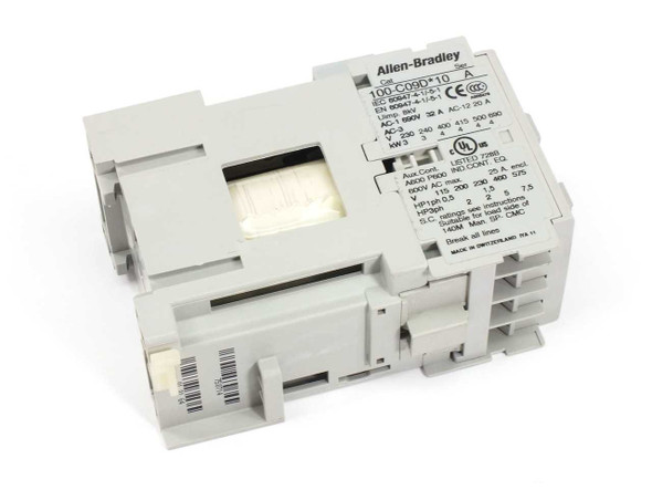 Allen-Bradley 100-C09D10 IEC contactor front-right angle view showing rating label and terminal connections