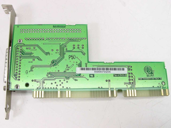 Adaptec AVA-1502AE SCSI ISA card — solder side showing PCB markings including P50, TM-494V, FAB 899860-00 REV D label, and 16-bit ISA edge connector