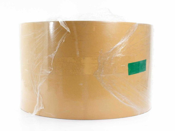 I-Leaf Natural Release Liner 10.4-inch wide roll, side profile view showing tan/amber film with protective wrap and green label tab