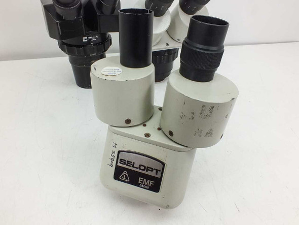 Selopt EMD stereo microscope head front view showing EMF label and binocular eyepiece tubes
