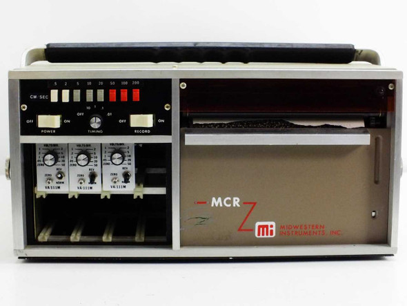 Midwestern Instruments MCR308BTD0X front panel and paper chart drive section — CM/SEC speed indicator lights, power/timing/record controls, three VA/111M galvo modules visible