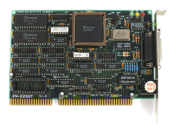 Winbond EN-2200T ISA NIC — top-side label view showing EN-2200T REV.0 board marking, Winbond W89C85-70LL RAM, DP83902V main controller, and FCC Class A compliance notice