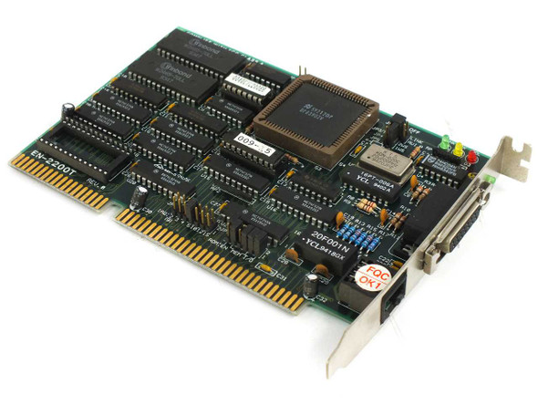 Winbond EN-2200T 16-bit ISA NIC — top-side component view showing DP83902V chipset and AUI/RJ45 bracket ports