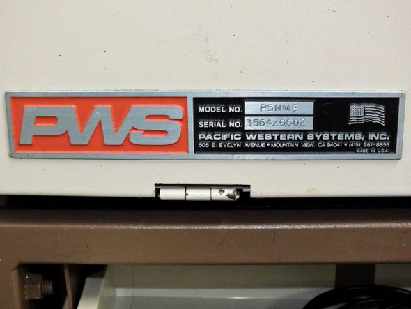 Pacific Western Systems PWS nameplate showing Model No. P5NMS and Serial No. 356420602, Made in USA