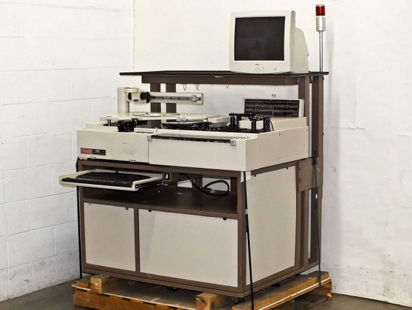 Pacific Western Systems P5NMS semi-automatic wafer prober full system view on pallet with Dell CRT monitor mounted on top shelf