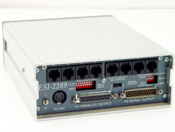 Extended Systems ESI-2289A rear panel showing 8 RJ input ports, P1 parallel output, P2 serial output, DIP switches, and 16VAC power connector