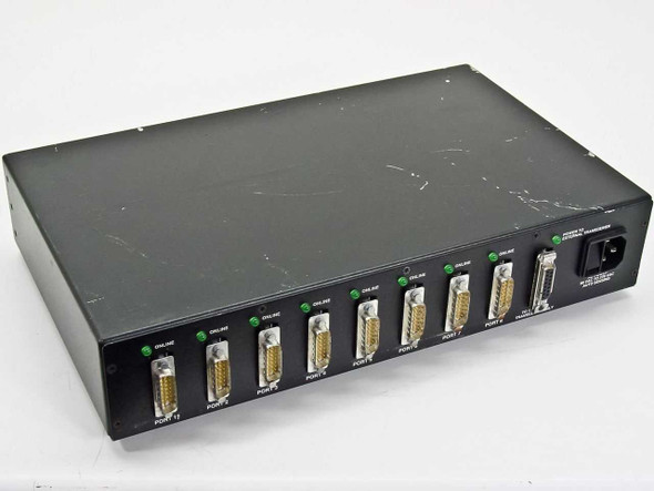 Black Box LE401A – rear view showing 8 DB-15 AUI ports with ONLINE LEDs and AC power inlet
