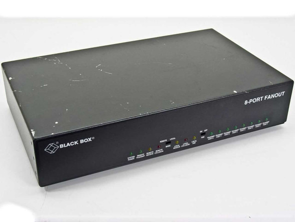 Black Box LE401A 8-Port Fanout Switch – front panel with LED indicators and 8-PORT FANOUT label