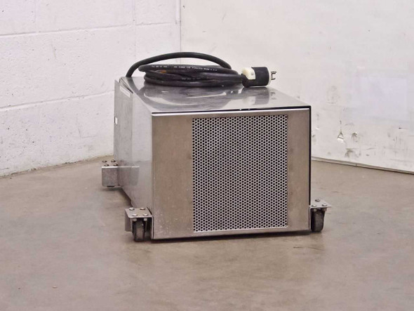 Tecumseh AE9417EG air cooled compressor unit – right-side exterior view showing stainless steel housing, perforated condenser panel, power cord, and caster wheels