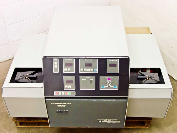 Tegal 803 Plasma Inline RF Wafer Etcher front view with cover on showing control panel and wafer handler arms
