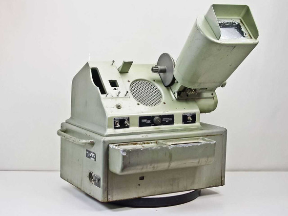 Moviola UK-20-S/35 Magnasync 35mm Film Editing Review Station – three-quarter front view showing viewing hood and lower cabinet