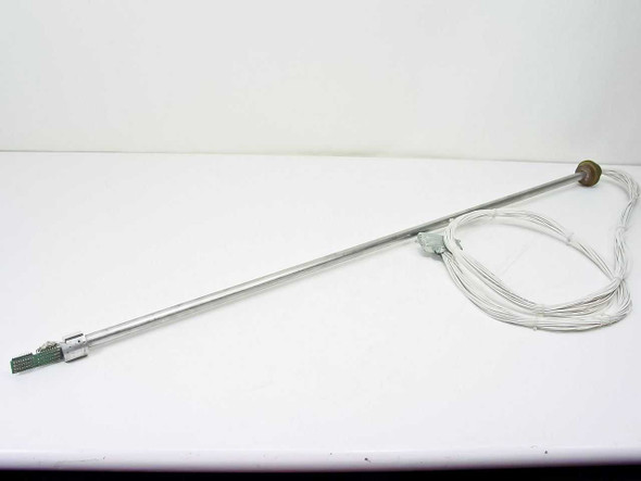 Stainless steel vacuum chamber electrical feedthrough — full assembly view showing 108cm rod, white wire harness, and vacuum flange fitting