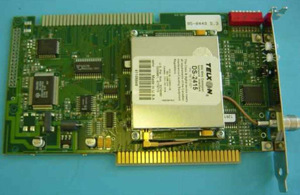 Telxon Dataspan DS-2415 18737-000 900MHz ISA network card — angled top view showing full PCB, RF module, ISA gold-finger connector, and bracket