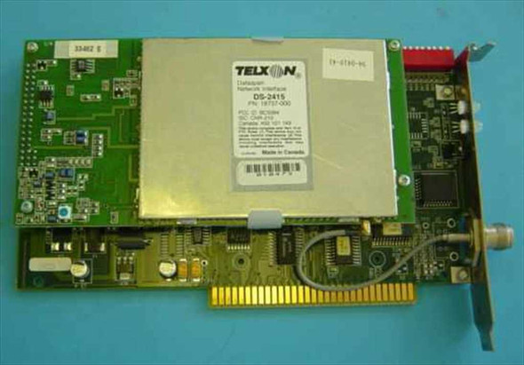 Telxon Dataspan DS-2415 18737-000 900MHz ISA wireless network interface card — top view showing Telxon module label, green PCB, and ISA edge connector