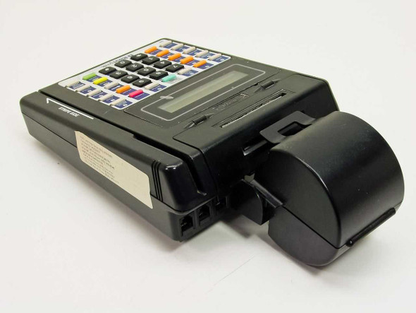 Hypercom T7P-T terminal rear-right view showing integrated thermal printer compartment and bottom label area