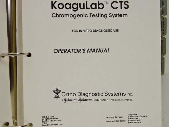 KoaguLab CTS Operator's Manual title page showing part number 620-20-116-1, issued September 1992, Ortho Diagnostic Systems a Johnson & Johnson Company, Raritan NJ