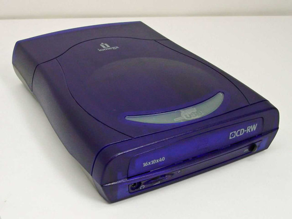 Iomega 30799800 External CD-RW Drive angled top view showing Iomega logo and disc tray with 16x10x40 marking