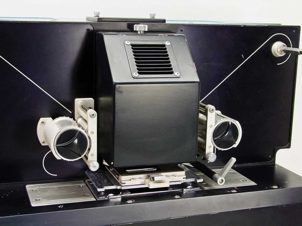NAC PH-701 Film Motion Analyzer top-down view of film transport mechanism with gate, guide rollers, and central light box housing