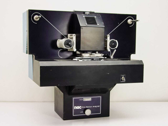 NAC PH-701 Film Motion Analyzer front view showing film transport deck, dual film reels, and black enclosure with NAC logo