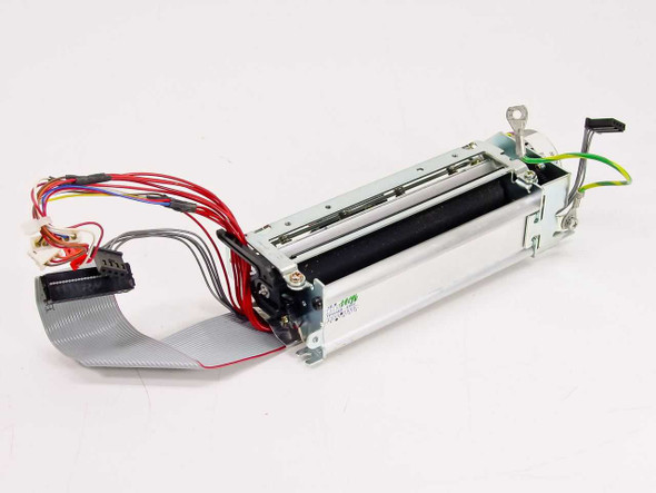 Seiko Instruments LTP5446B-C832 thermal printer mechanism — side view showing flat flex ribbon cable, wiring harness, and metal frame