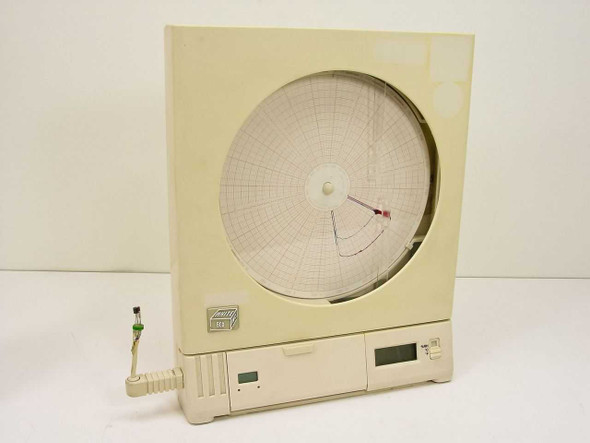 White Box CT485-RS circular chart recorder front view showing circular chart paper with dual pens and lower control panel with LCD display