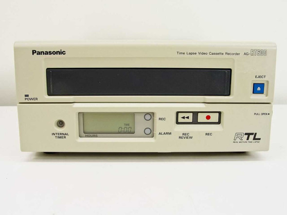 Panasonic AG-RT600P Time Lapse Recorder — front panel straight-on view with cassette door closed, showing POWER indicator, INTERNAL TIMER knob, ALARM, REC REVIEW, and REC buttons