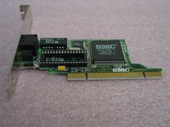 SMC 9432TX EtherPower II 10/100 PCI network card – angled top view showing SMC83C170QF main controller chip and RJ-45 port on bracket