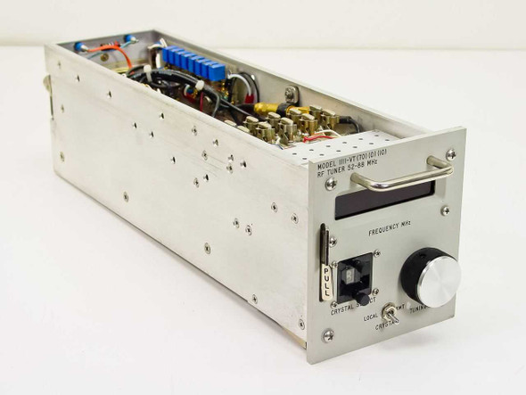 Microdyne 1111-VT RF Tuner 52-88 MHz – three-quarter front view with top cover removed showing internal PCB and components