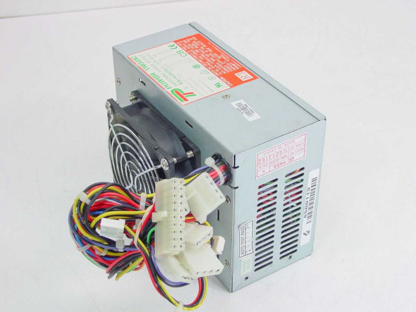 Power Tronic WK-6200DL3 200W ATX power supply – front-left angle showing fan, wiring harness, and P1 20-pin motherboard connector