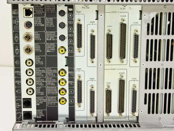 PictureTel S4000 rear panel detail showing RS-232 and V.35 interface cards with DB-25 connectors, RCA video/audio jacks, and S-Video connectors