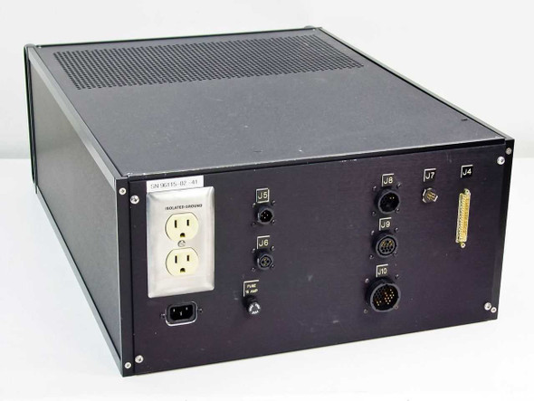Photolithography shutter control enclosure – rear panel view showing isolated ground duplex outlet, IEC AC inlet, fuse holder, XLR connectors J5 and J6, and large circular mil-spec connectors J7 through J10 and D-sub J4