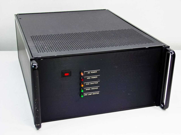 Photolithography shutter relay control rackmount enclosure – front panel view showing power switch and five indicator LEDs: AC Power, ARC Power, CCD Shutter, Mask Vacuum, ARC Lamp Shutter