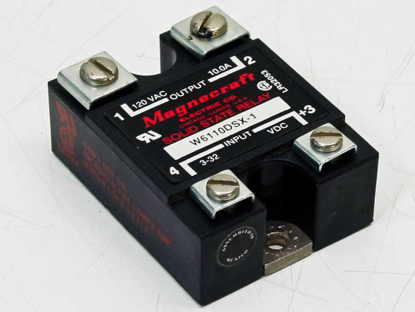 Magnecraft W6110DSX-1 Solid State Relay — front label showing 120VAC output, 10A, 3-32VDC input, screw terminals
