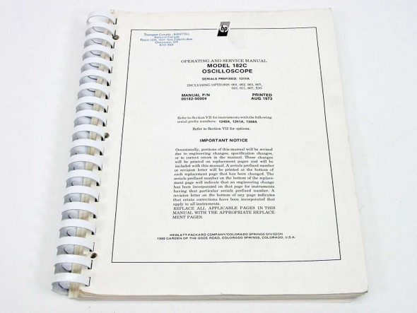 HP 182C Oscilloscope Operating and Service Manual front cover — shows manual part number 00182-90004, Revision A, printed August 1972, serial prefix 1015A