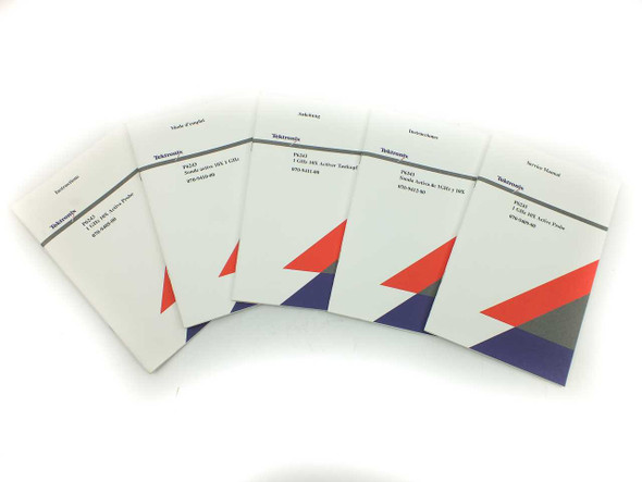 Tektronix P6243 1GHz 10X Active Probe manual set — all five booklets fanned out, showing Tektronix covers with red and navy graphic