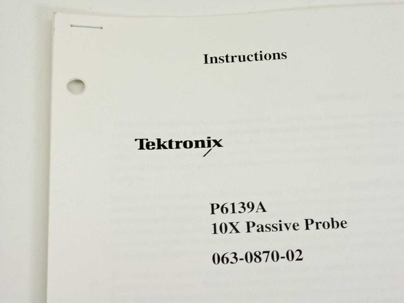 Close-up of Tektronix P6139A 10X Passive Probe Instructions cover with publication number 063-0870-02 clearly visible