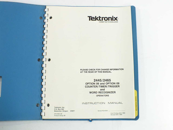 Tektronix 070-4631-00 manual title page showing 2445/2465 Option 06 and Option 09, print date AUG 1985 revised OCT 1986
