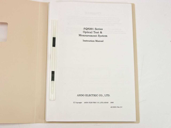 Ando AQ8201 Series Instruction Manual – title page open showing copyright 2000 Ando Electric Co., Ltd. Japan and revision AE-82I1 Rev 3.0