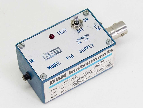 BBN Instruments P16 Supply Box front panel showing MODEL P16 SUPPLY label, TEST ON/OFF toggle switch, red LED indicator, BNC OUT connector, and handwritten inspection label — Cambridge MA USA