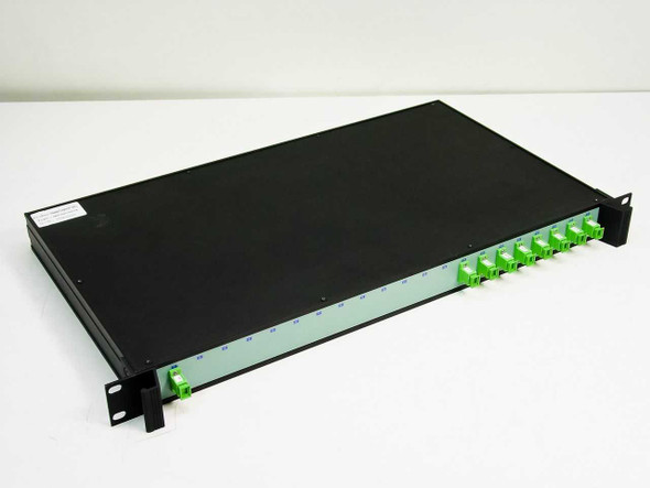 Catalyst Systems fiber optic coupler — angled front view showing row of 8 green SC/APC coupler ports along the front panel