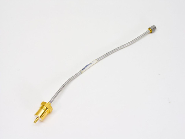 KMW 140223-2 Rev 2 RF coaxial cable assembly full view — braided stainless jacket, SMA male connector at right, gold panel-mount male connector at left